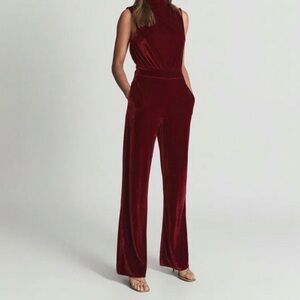 REISS burgundy velvet high neck draped jumpsuit sz 6
